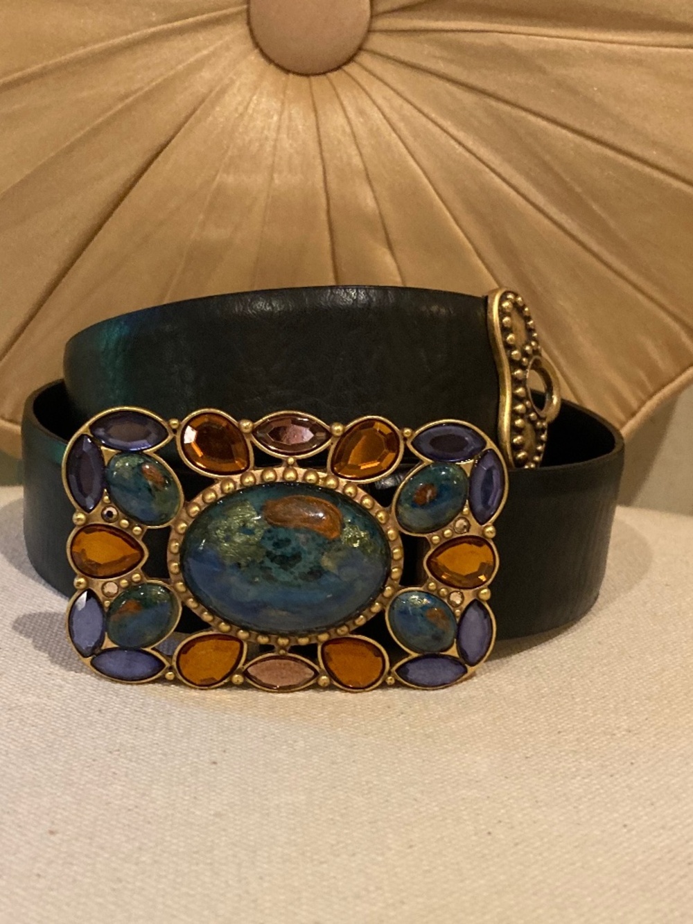 VTG CHICO’S Adjustable Black Leather Jeweled Belt Blue Brown Gold Stones Size SM